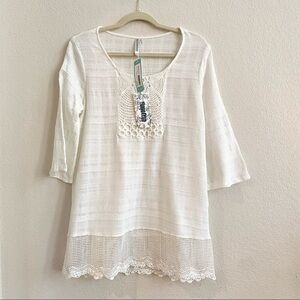 NWT Monoreno Stitch Fix White SZ Small Crocheted 100% Cotton Boho Tunic‎ Top